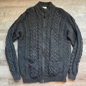 Carraig Donn Mens Irish Wool Cable Knit Full Zip Cardigan Grandpa Sweater Large